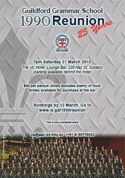 Flier for Class of 1990 (25 Year) Reunion for Guildford Grammar School.